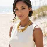 113495, WATER RESISTANT 24K GOLD TONE LATTICE PEARL CENTERPIECE MESH NECKLACE