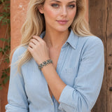 Model wearing Western Engraved French Bulldog Link Magne